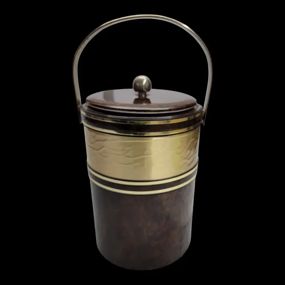 Vintage Mid Century Ice Bucket Brass Handle Faux Tortoiseshell Barware